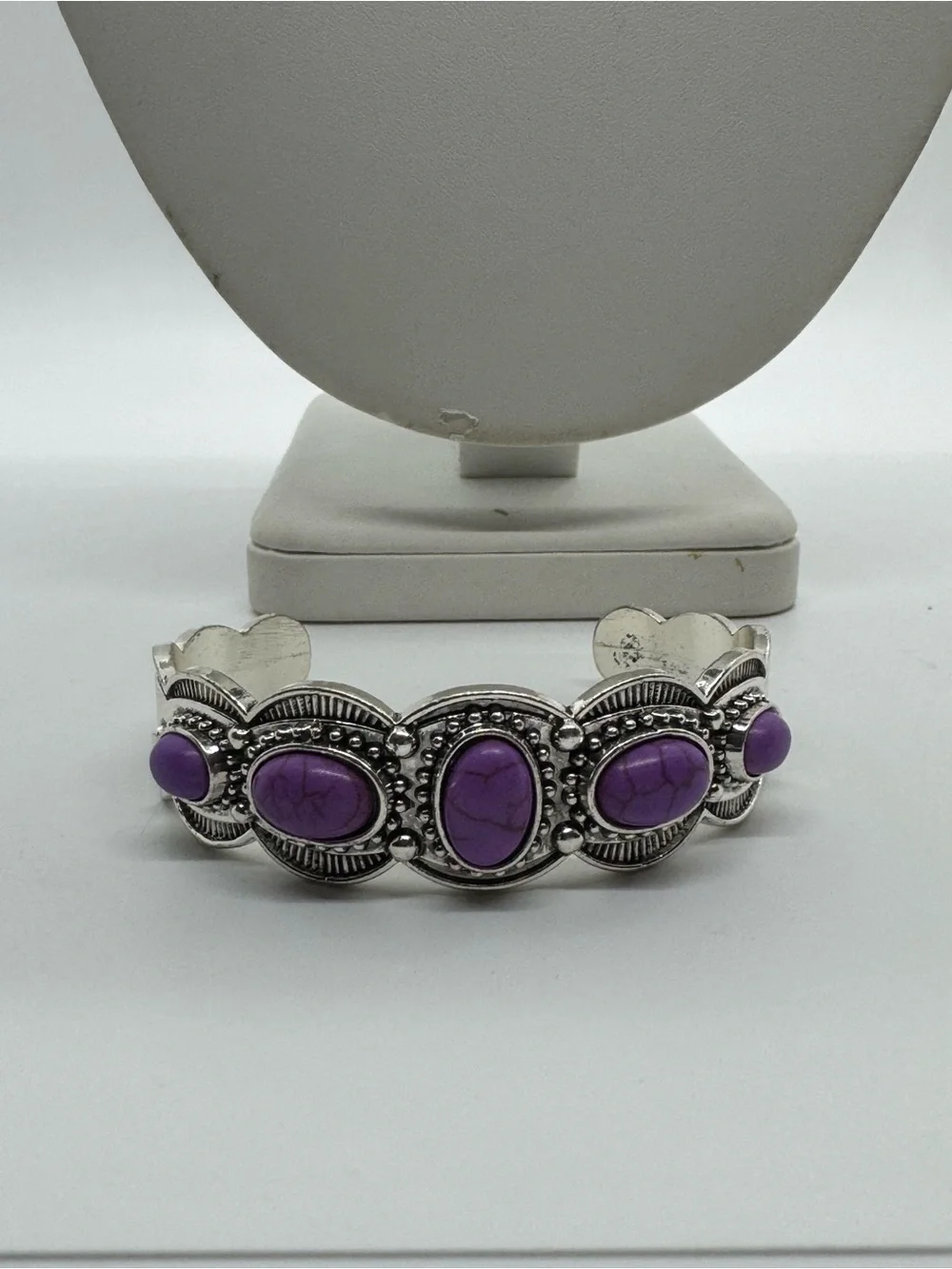 Purple Stone Cuff Bracelet Silver Tone Southwestern Boho Statement Jewelry